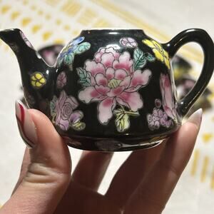Vintage Chinese Miniature Teapot 7pc Porcelain Hand Painted Floral Design